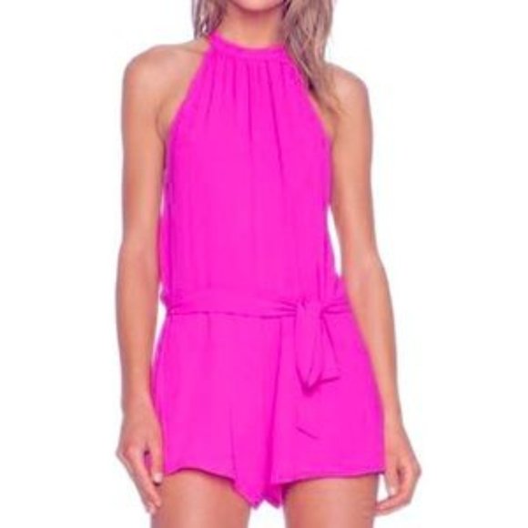 SAYLOR Pants - $288 Sz S Anthropologie SAYLOR Hot Pink Halter Style Tie Waist Slit Back Romper